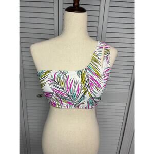 Sandflower Palm Print One-Shoulder Swimsuit Bikini Top junior's size large NWT